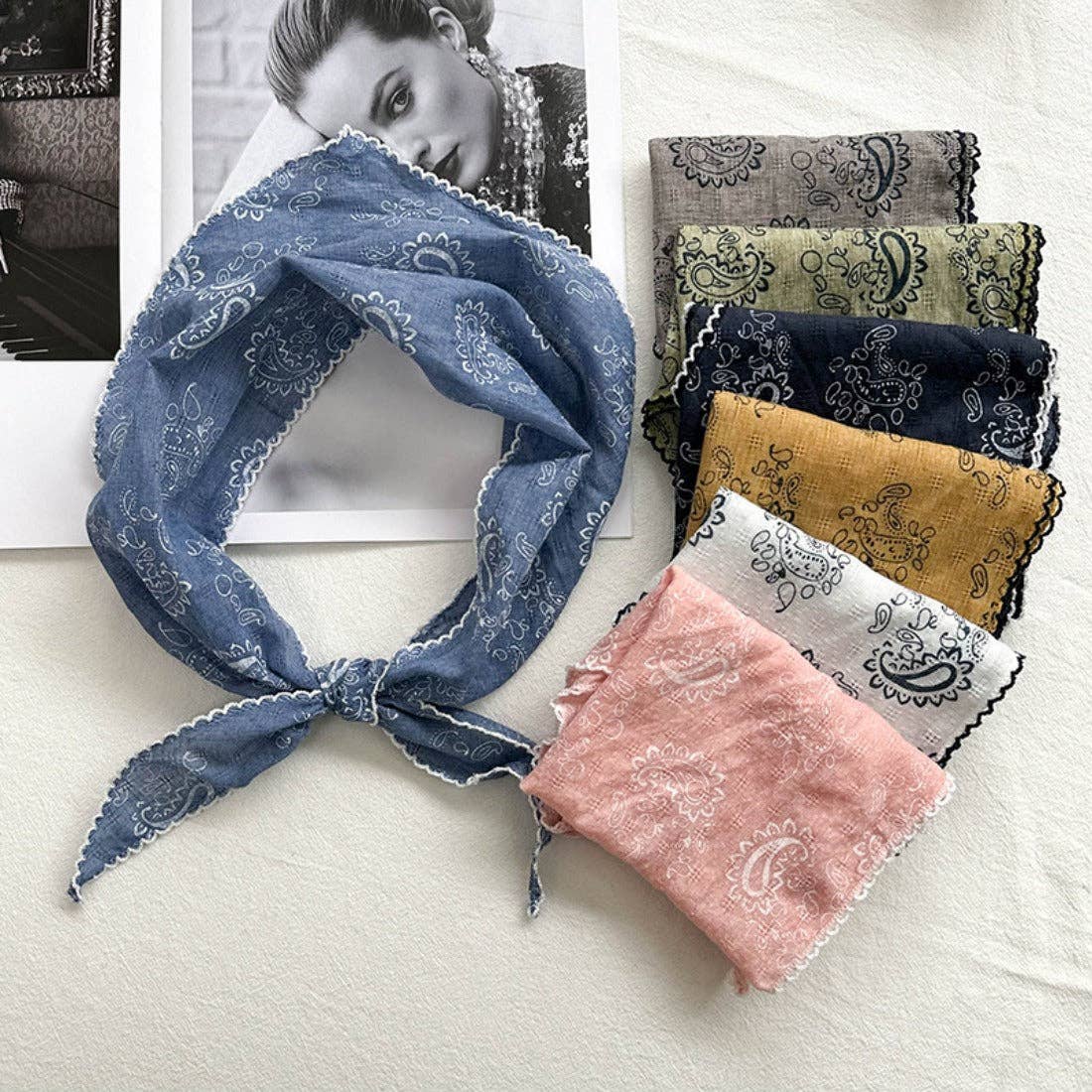 Paisley Print Triangle Scarf with Lace Edge