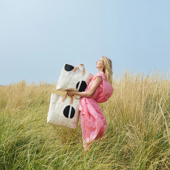 Large East West Tote | Black Polka