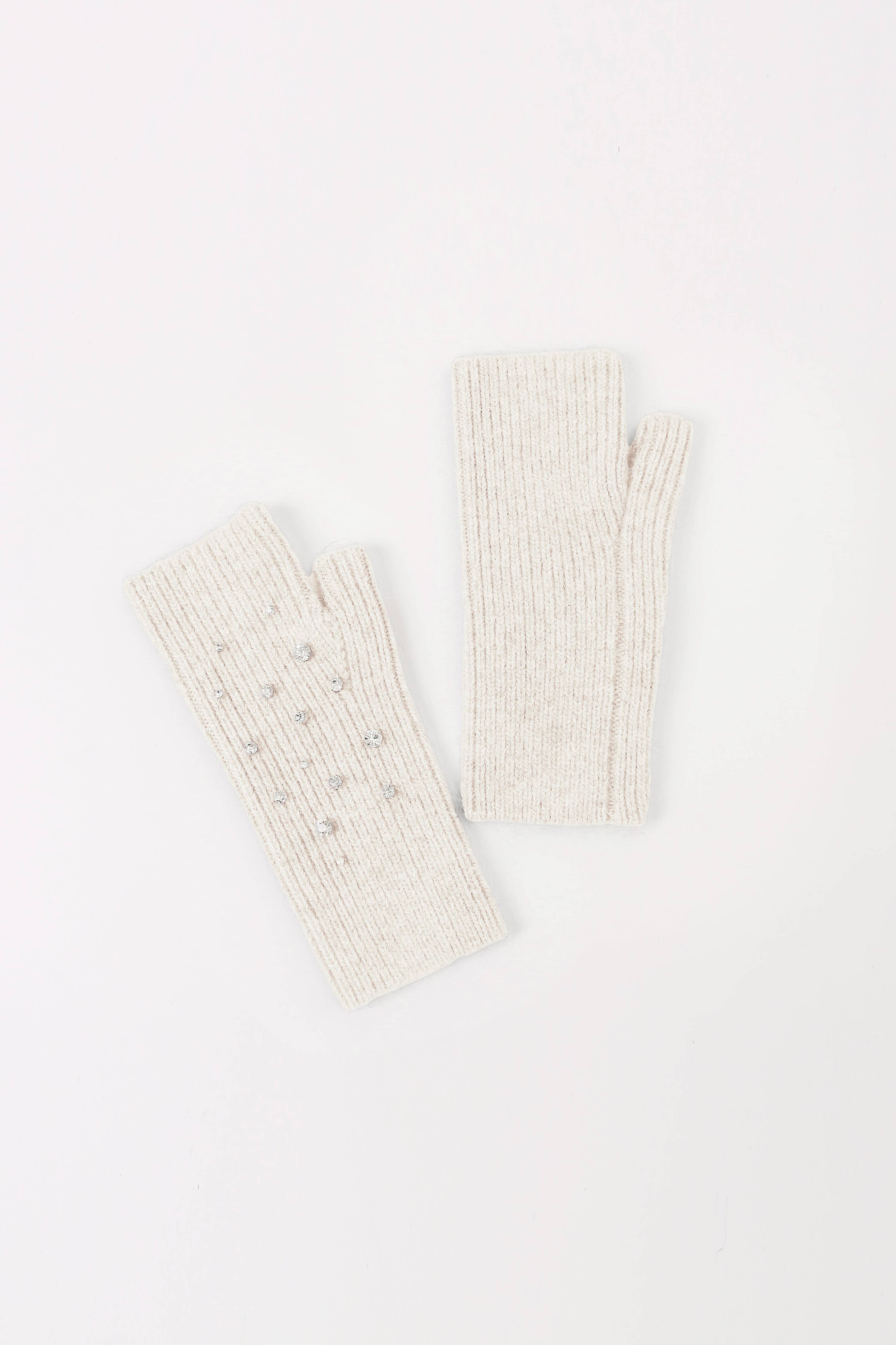 Crystal Embellished Angora Mittens - Ivory