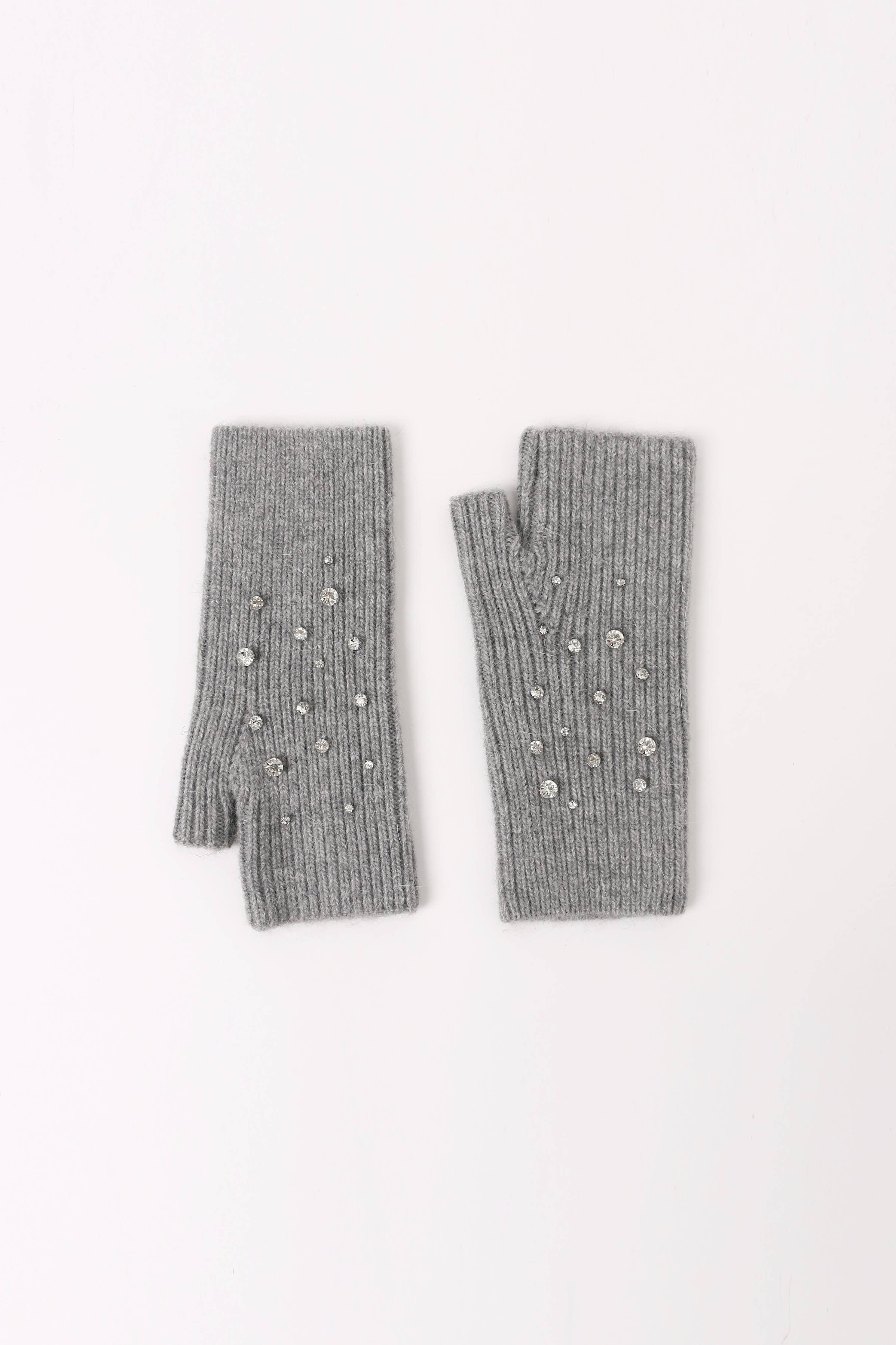 Crystal Embellished Angora Mittens - Grey