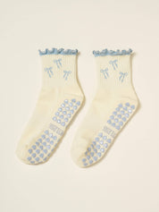 🎀 Bow Ruffle Grip Sock [Dusty Blue], Pilates Socks